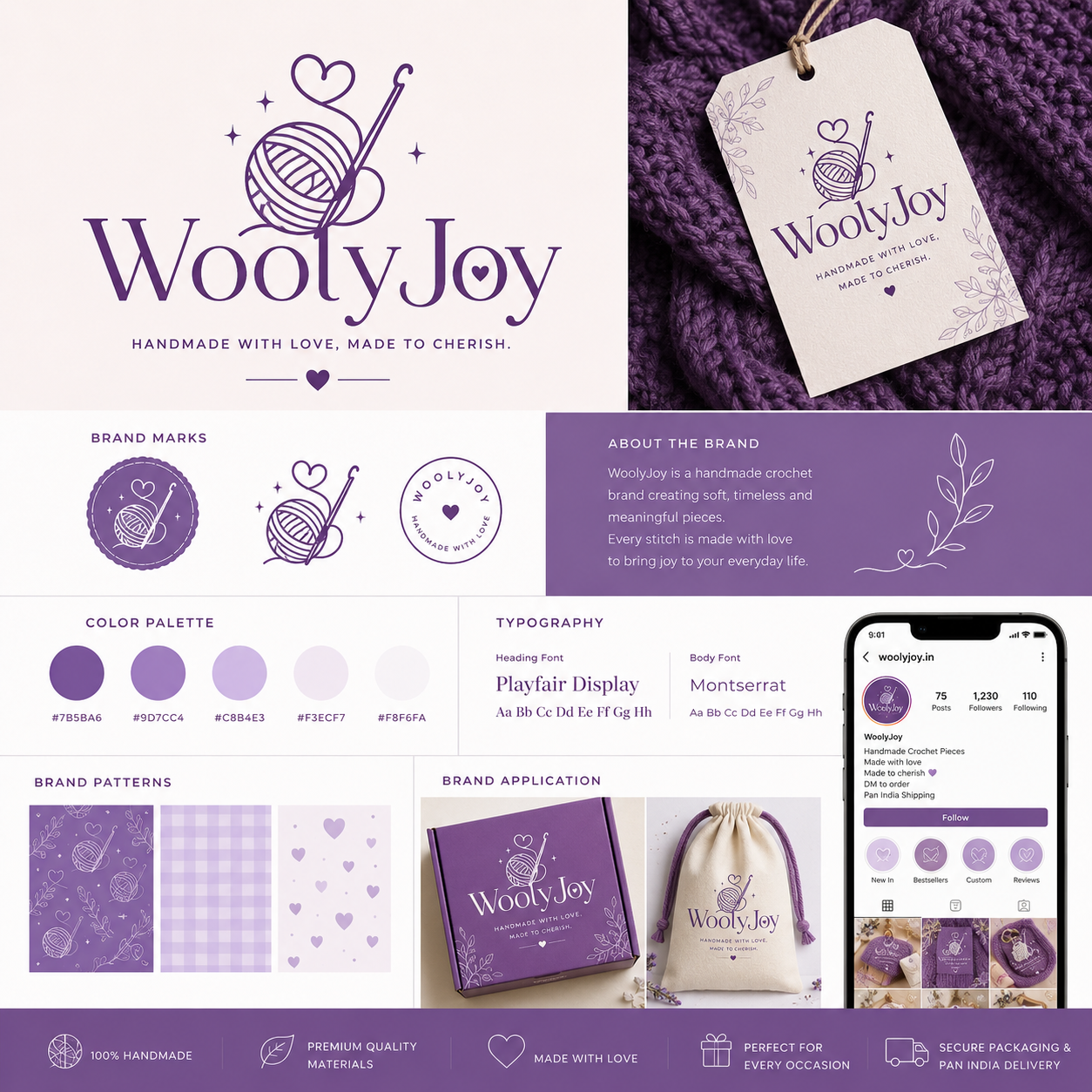 WoollyJoy brand board with logo, colors, packaging and social profile