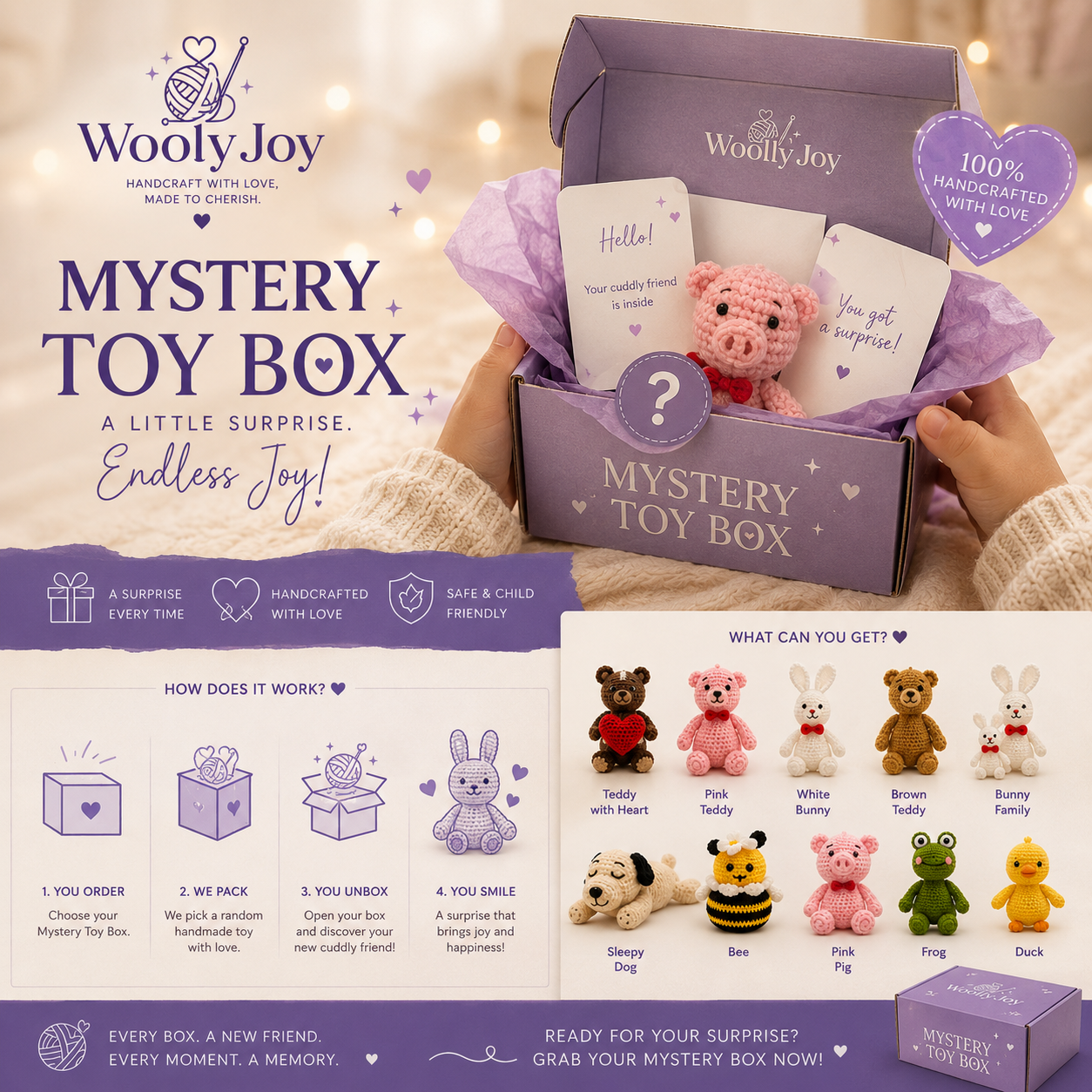 WoollyJoy mystery toy box campaign poster