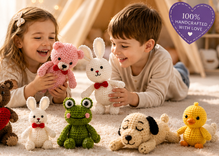 Children smiling with handmade WoollyJoy crochet toys